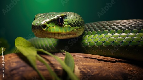 a close up of a green snake on a branch in a dark room with a green light in the background. photo