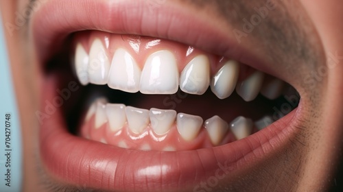  a close up of a man's teeth with white teeth and white gums on the upper part of his mouth.