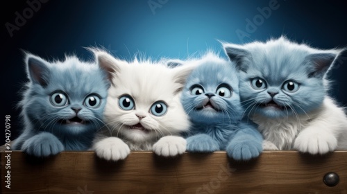  a group of three kittens sitting next to each other on top of a wooden box with eyes drawn on them. © Jevjenijs