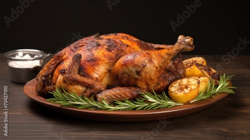  a roasted turkey sits on a platter with a side of oranges and a can of ketchup.