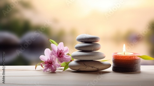  a candle sitting on top of a wooden table next to a pile of rocks and a pink flower on top of it.