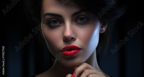  a close up of a woman with a red lipstick on her lips and a ring on her finger, with a black background.
