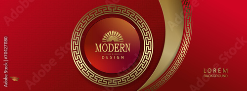 Chinese New Year, texture red illustration with round frame with gold ornament.
