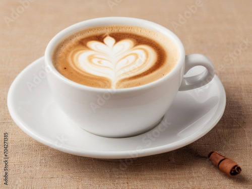 Cup of coffee with latte art on sackcloth background.