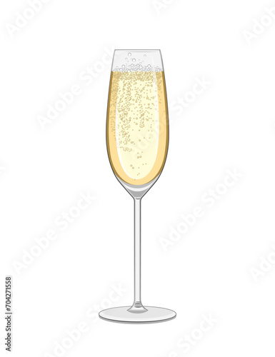 A glass of golden sparkling champagne. Flat design.