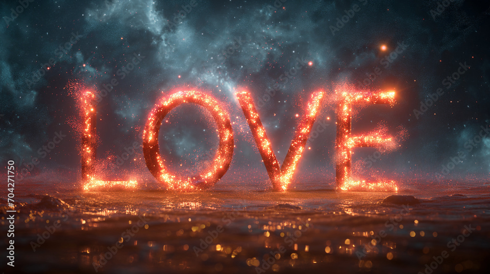 Fiery Love Text with Glowing Particles and Cosmic Backdrop Fiery Love Text with Glowing Particles and Cosmic Backdrop
