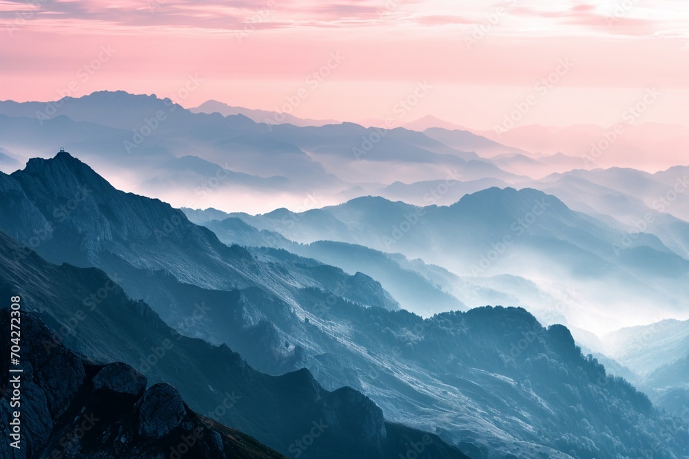 A misty mountain range at sunrise with neon dawn pink veins in the mist and peaks,