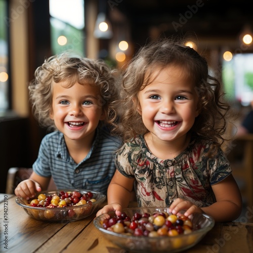 Two happy children eating fruit salad