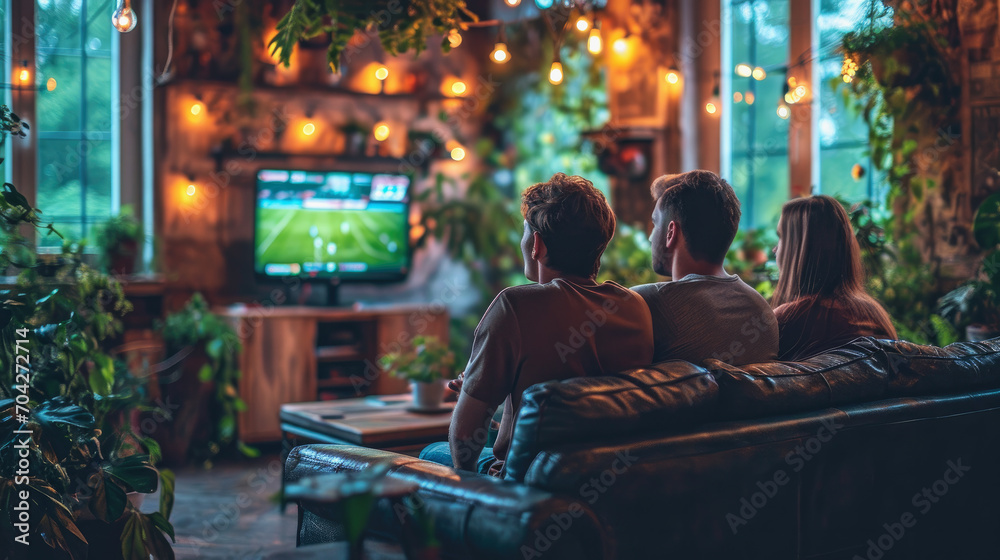 Back view group of young friends watching football match from television at home. Young people cheering sport tournament live broadcast together.