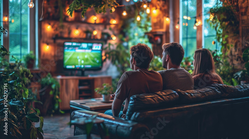 Back view group of young friends watching football match from television at home. Young people cheering sport tournament live broadcast together. photo