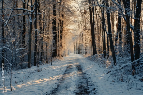 A snowy forest path at dawn with neon frost white veins in the snow and trees, © Alisha