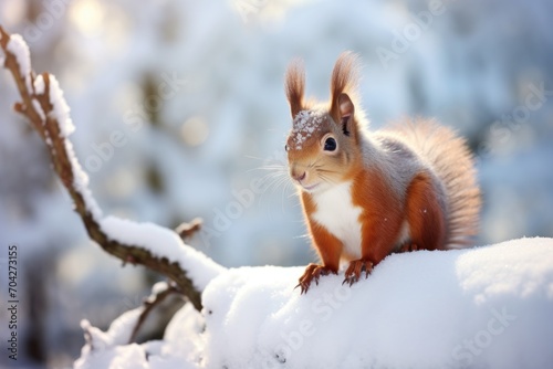 Squirrel sitting on a snowy branch © Julia Jones