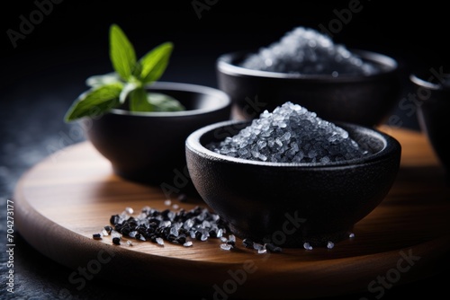Black lava salt is a salt with a distinctive glossy black color, coarse grain in a wooden bowl photo