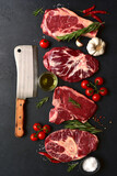 Different types of raw marbled beef steaks : T-bone, ossobuko, spider and rib eye with ingredients for cooking. Top view with copy space.