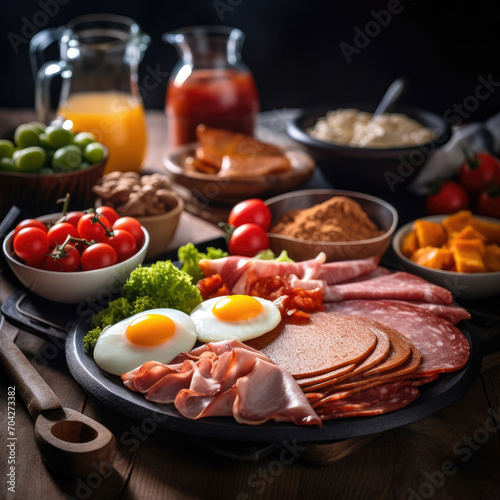 Protein-Rich Morning Delight: Vivid Close-up Framing of Backlit Ingredients, Sharp Focus on Nutritionally Balanced Plate, Utensils, and Textured Foods, Revealing the Essence of High-Protein Breakfast 