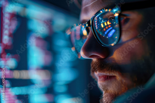 man software developer wearing glasses with reflection looking at computer screen developing code