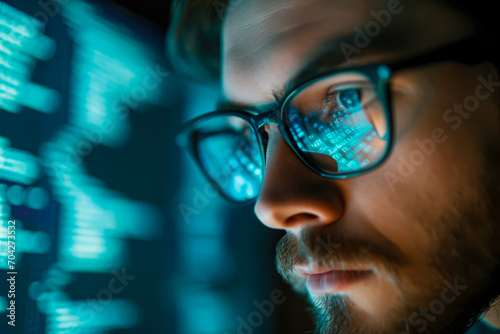 man software developer wearing glasses with reflection looking at computer screen developing code