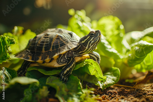 turtle and a lettuce in a terrarium