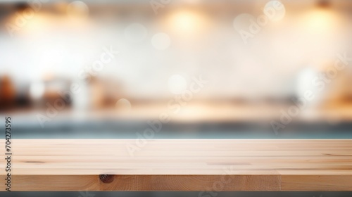 Stylish Minimalism: Empty Wooden Table Top with Beautiful Bokeh Background, Ideal for Modern Interior Design, Creating a Serene and Cozy Atmosphere at Home. photo