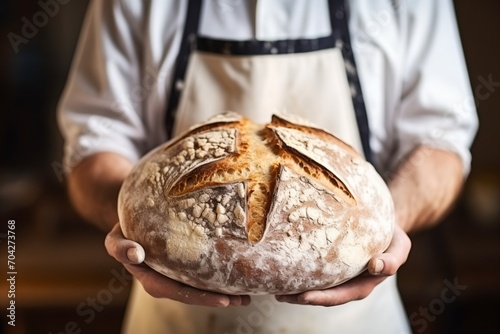 Baker holding a loaf of freshly baked bread in his hands