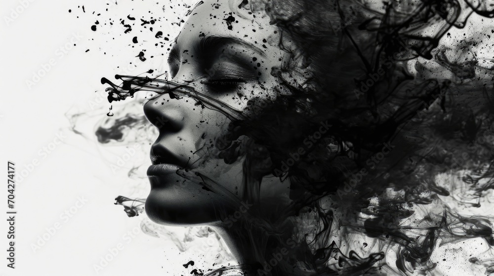 Fototapeta premium Ink splashes, black and white silhouette of a woman's face with her eyes closed