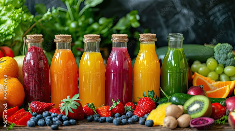 Colorful juices in glass bottles that are placed on the background of fruits and vegetables. Colorful juices in glass bottles that are placed on the background of fruits and vegetables.