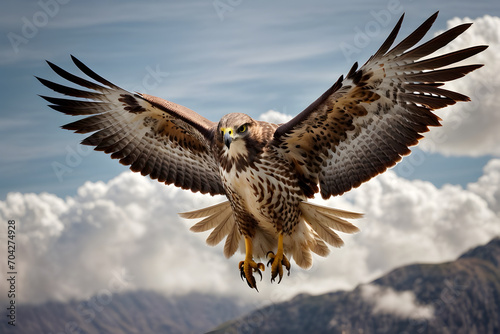 A close up of a flying hawk with an amazing background