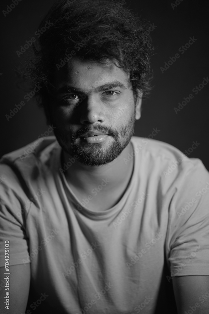 dark black and white portrait of a indian man, low light indian man face images, Young Indian Man In dark Face Portrait 