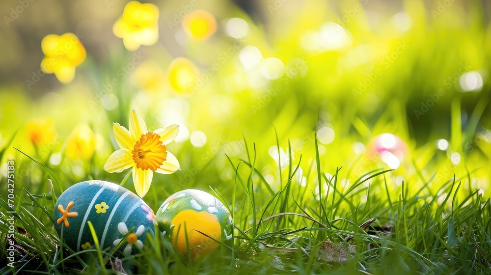 Fototapeta premium Easter eggs hiding in the grass with daffodil 
