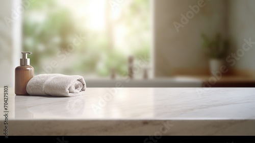 Serene Luxury: Empty Marble Table in Modern White Bathroom, Clean Design, Elegant Interior with Minimalist Style and Shiny Reflection