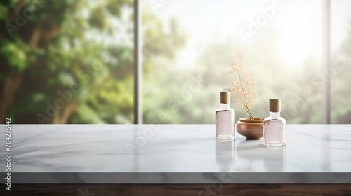 Serene Luxury: Empty Marble Table in Modern White Bathroom, Clean Design, Elegant Interior with Minimalist Style and Shiny Reflection