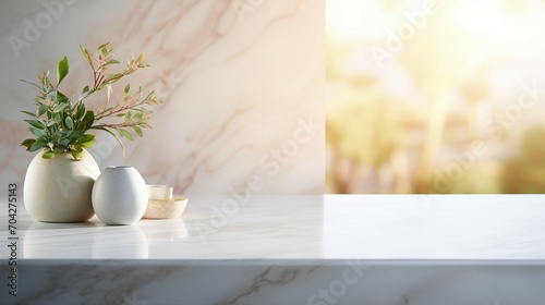 Serene Luxury: Empty Marble Table in Modern White Bathroom, Clean Design, Elegant Interior with Minimalist Style and Shiny Reflection