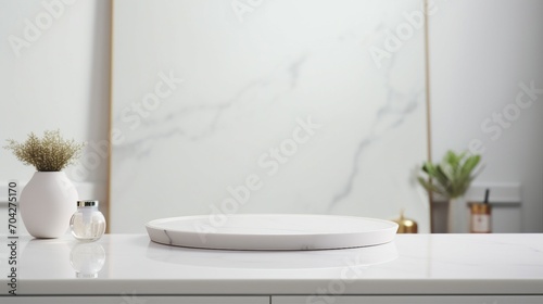 Serene Luxury: Empty Marble Table in Modern White Bathroom, Clean Design, Elegant Interior with Minimalist Style and Shiny Reflection