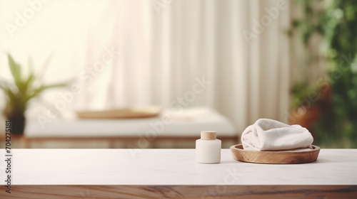 Serene Luxury: Empty Marble Table in Modern White Bathroom, Clean Design, Elegant Interior with Minimalist Style and Shiny Reflection