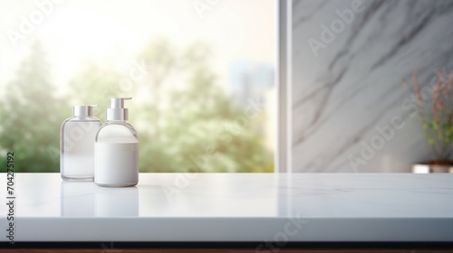 Serene Luxury: Empty Marble Table in Modern White Bathroom, Clean Design, Elegant Interior with Minimalist Style and Shiny Reflection