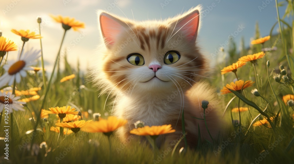 Charming digital art of a fluffy kitten among daisies in sunlight - ideal for greeting cards, children's books, or wallpapers. Charming digital art of a fluffy kitten among daisies in sunlight - ideal for greeting cards, children's books, or wallpapers.