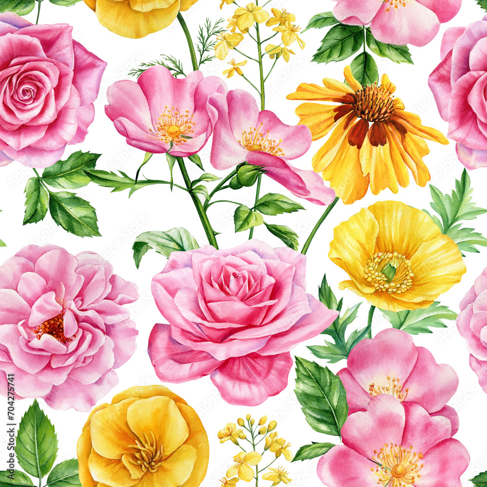 Seamless pattern, watercolor pink, yellow flowers. Rose, poppy flowers and leaves, floral wallpaper print backdrop.