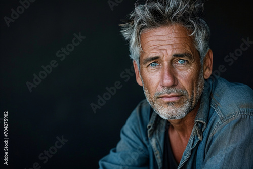 A timeless portrait of a middle-aged man with distinguished features, showcasing his rugged charm and the character etched into his expressive face. photo
