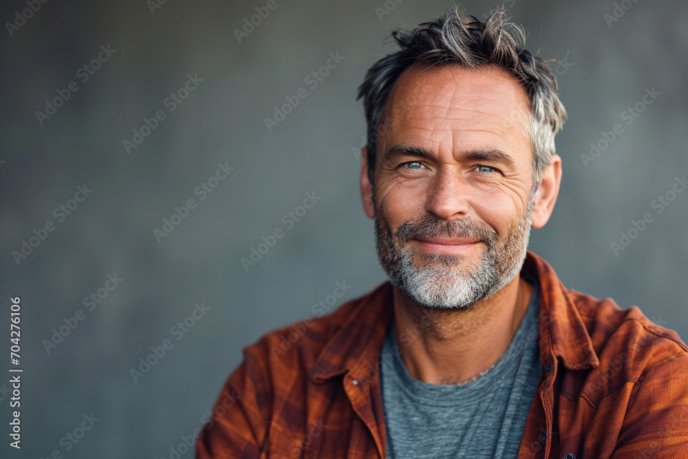 A portrait capturing the rugged handsomeness of a man in his forties, featuring a mix of casual elegance, a hint of stubble, and a knowing smile. A portrait capturing the rugged handsomeness of a man in his forties, featuring a mix of casual elegance, a hint of stubble, and a knowing smile.