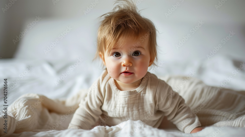 Cheerful baby sitting up on a white blanket, smiling widely, and exuding joy and innocence. Cheerful baby sitting up on a white blanket, smiling widely, and exuding joy and innocence.