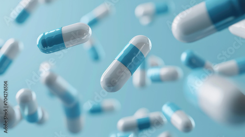 Multiple blue and white capsules are floating against a light blue background