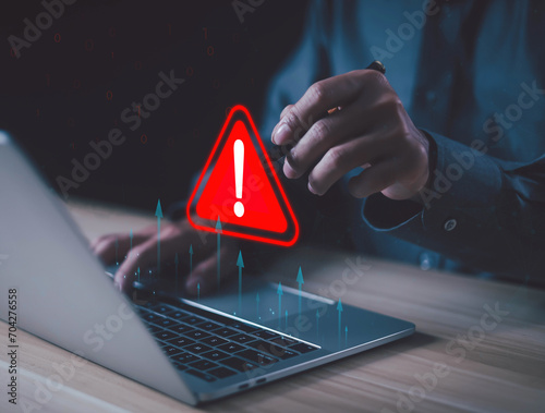 Konstfotografi Warnings exclamation mark alerts in computer systems to be aware of the dangers and risks of cyberattacks on the Internet