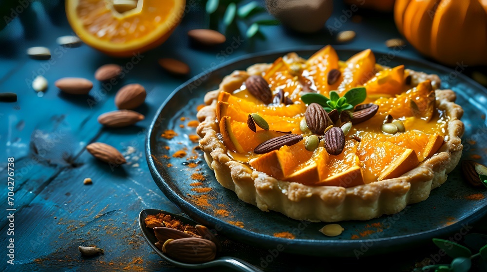Pumpkin tart with almonds and tangerines on a dark blue background - obrazy, fototapety, plakaty 