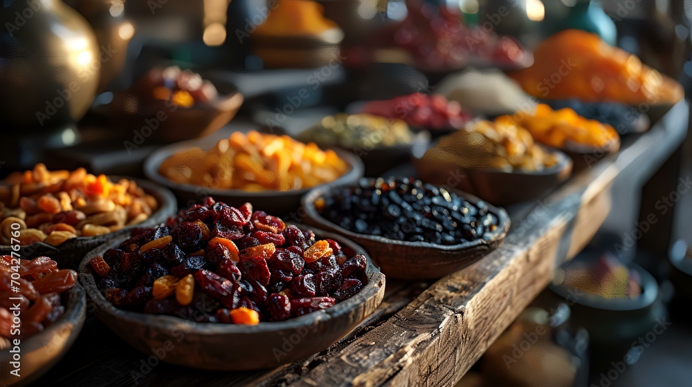 Variety of dried fruits in bowls on a rustic wooden table - obrazy, fototapety, plakaty 