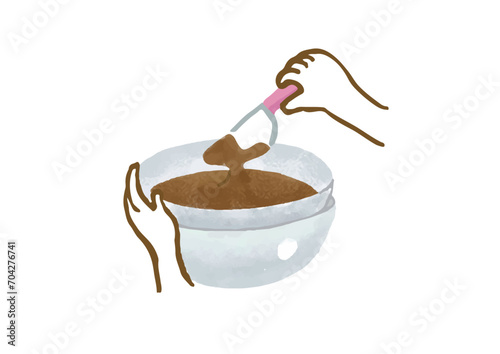チョコレートをボウルで湯煎している手元の手描きイラスト