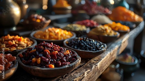 Variety of dried fruits in bowls on a rustic wooden table © shameem