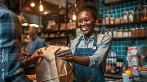 Cheerful woman wearing a denim apron over a cozy sweater, handing over a paper bag to a customer in a warmly lit, vibrant grocery store setting.