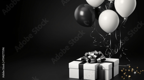 Flying white and black balloon and giftbox