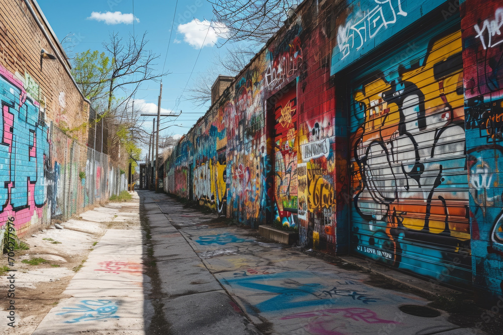 Naklejka premium An urban warehouse alley with colorful graffiti on the walls showcasing street culture and urban art themes, with a clear daytime sky.