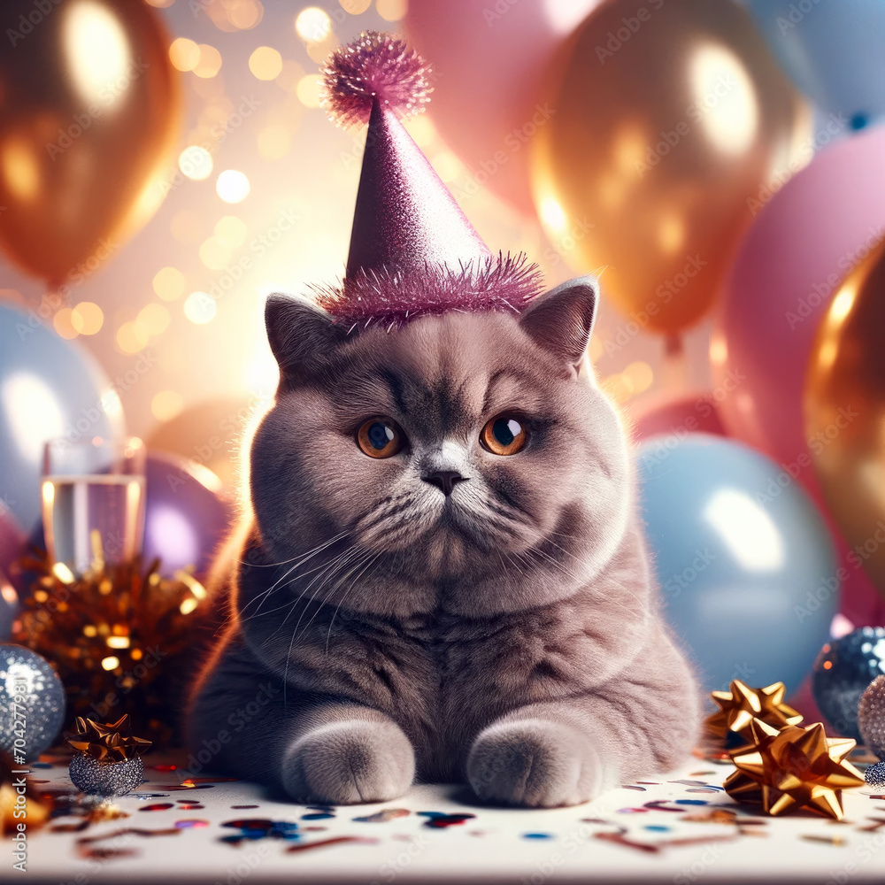 A British Shorthair cat sitting with a party hat, surrounded by balloons, in a celebratory background.